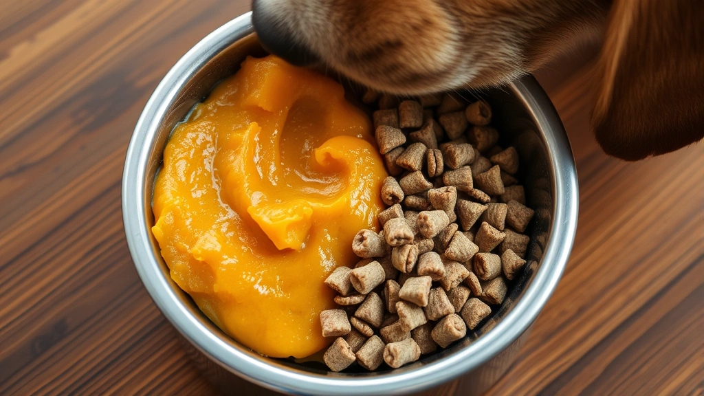 Close-up of dog's food bowl containing pumpkin puree and kibble mix, wooden table surface, warm lighting, no text visible