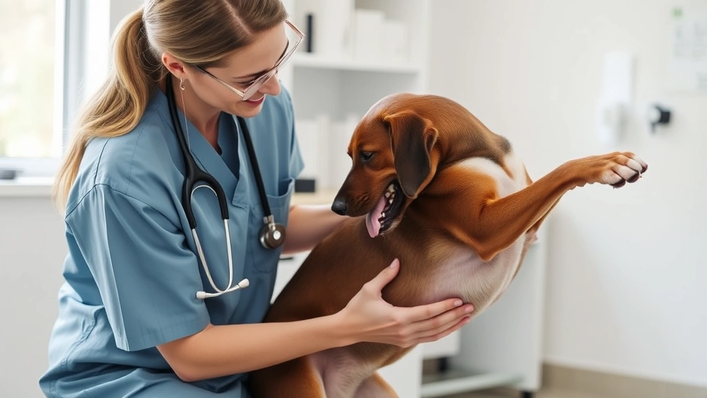 Veterinarian examining a dog's abdomen during a checkup, professional clinic setting, both focused, caring interaction, natural lighting