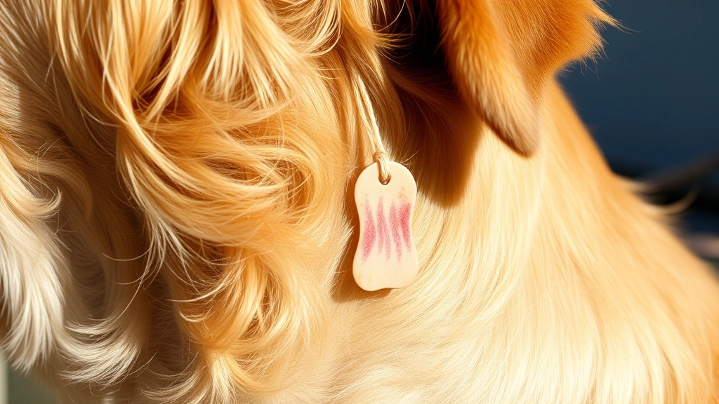 Close-up of a golden retriever's neck and shoulder area showing a small flesh-colored skin tag hanging from the skin, natural lighting, realistic fur texture