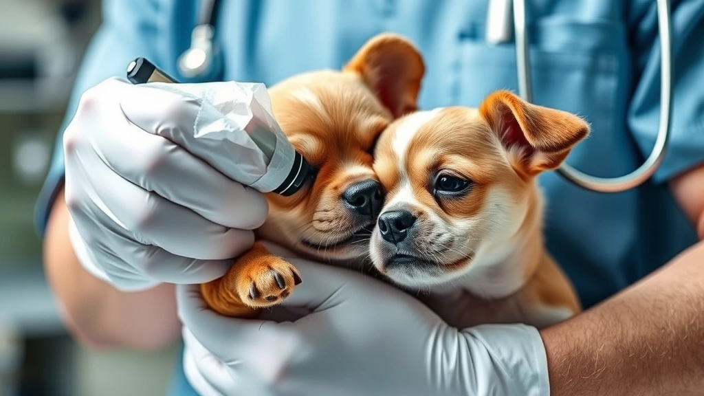 Veterinarian in surgical gloves examining a small dog's skin with a magnifying instrument, clinical setting, professional medical environment, realistic detail
