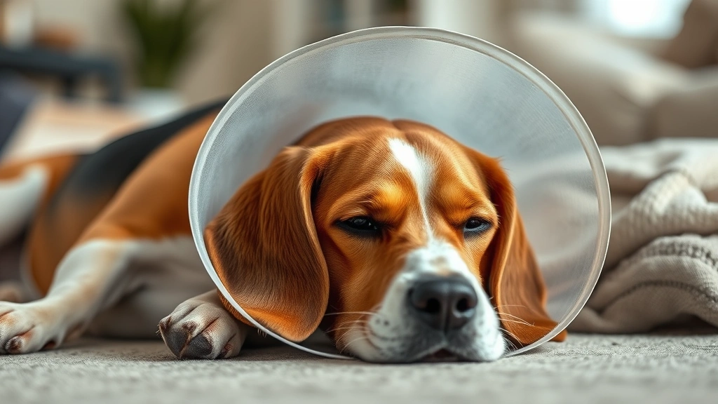 Senior beagle lying calmly wearing an Elizabethan cone collar post-surgery, peaceful expression, indoor home setting with soft lighting, photorealistic
