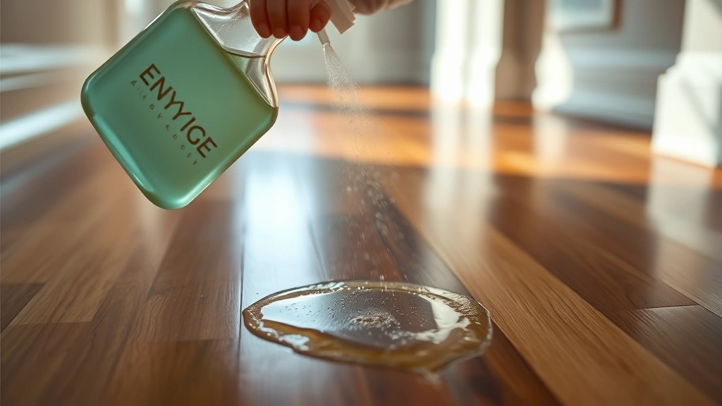 Close-up of enzymatic cleaner bottle being sprayed on hardwood floor with visible wet spot, photorealistic, professional cleaning setting, morning light through window