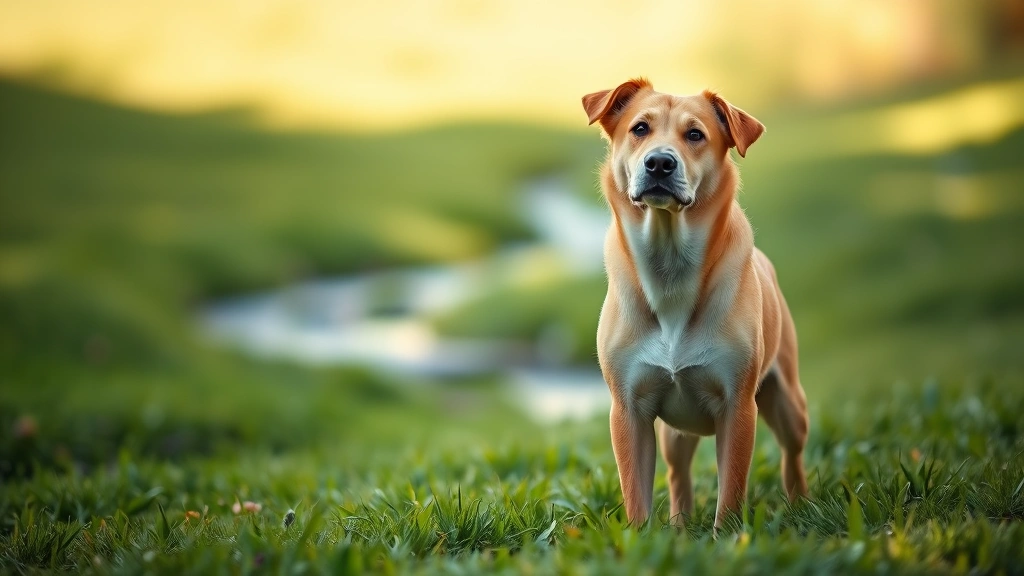 Dog standing outdoors on grass during daytime, mid-stream, natural sunlight, green yard background, photorealistic outdoor scene
