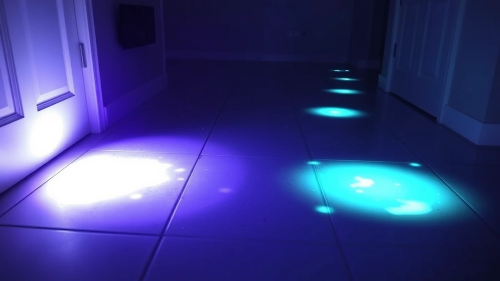 Blacklight flashlight revealing hidden urine spots on tile floor in dark room, glowing spots visible, professional inspection setup, photorealistic