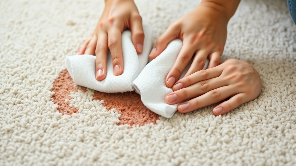 Close-up of someone blotting a carpet stain with white towels, showing proper technique with hands pressing down firmly on light-colored carpet