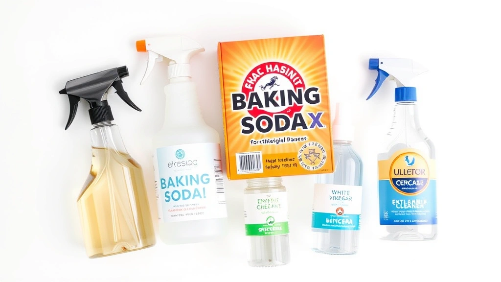 Flat lay arrangement of cleaning supplies including spray bottles, baking soda box, white vinegar bottle, and enzyme cleaner on white surface