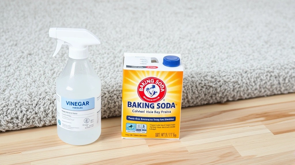 Spray bottle and white vinegar bottle next to baking soda container on wooden floor beside light gray carpet with visible stain mark