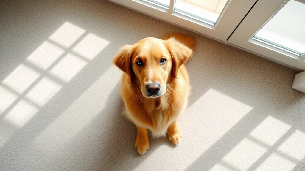 Overhead view of golden retriever sitting on clean light gray carpet near a window with natural sunlight streaming in, calm and peaceful setting