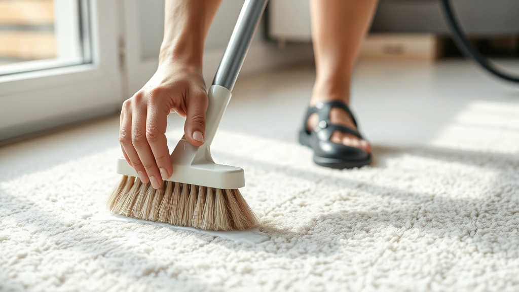 Person using soft-bristled brush gently agitating carpet fiber area with cleaning solution, natural daylight streaming through window, professional cleaning technique