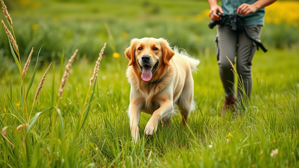 Golden retriever dog running through green meadow with owner checking for ticks outdoors no text no words no letters
