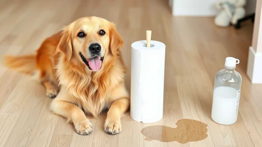 Golden retriever sitting next to a roll of paper towels and white vinegar bottle on a light hardwood floor with a wet spot visible