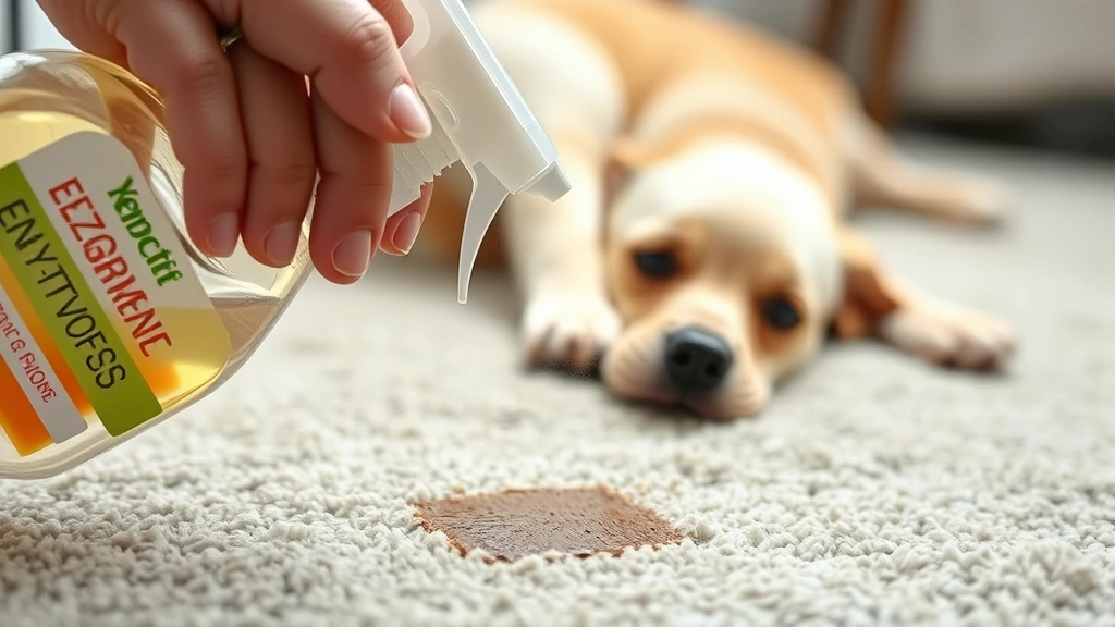 Close-up of enzymatic cleaner spray bottle being applied to a carpet stain, with a dog bed blurred in the background