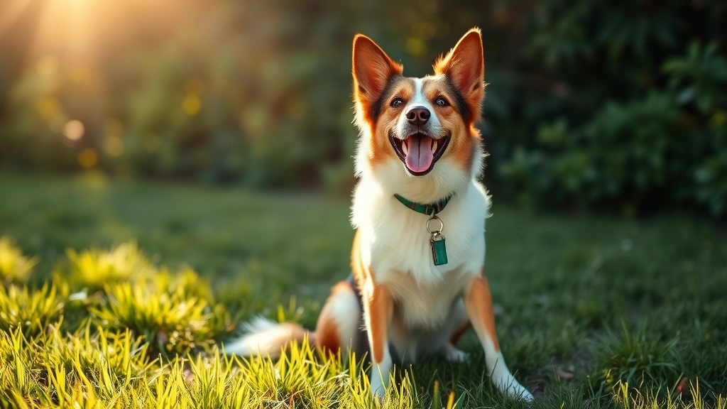 Dog happily sitting outside on green grass during daytime, with bright natural sunlight illuminating the scene