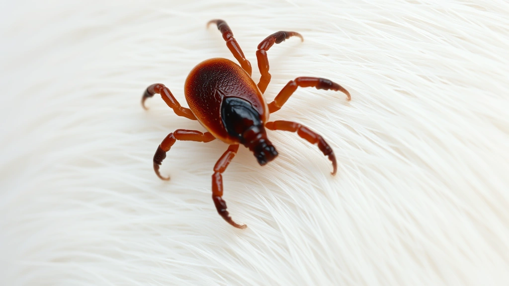 Close-up of a brown engorged tick on a dog's light-colored fur, showing the tick's oval body and eight legs clearly visible against the white or cream-colored coat