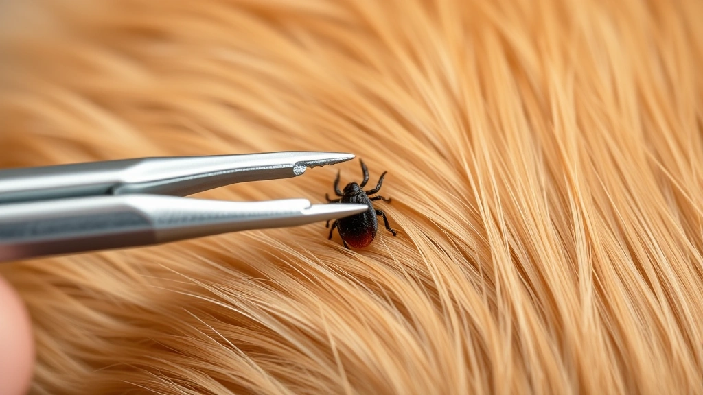Close-up of a dog's fur showing proper tick removal with fine-tipped tweezers, demonstrating correct extraction technique on golden retriever coat