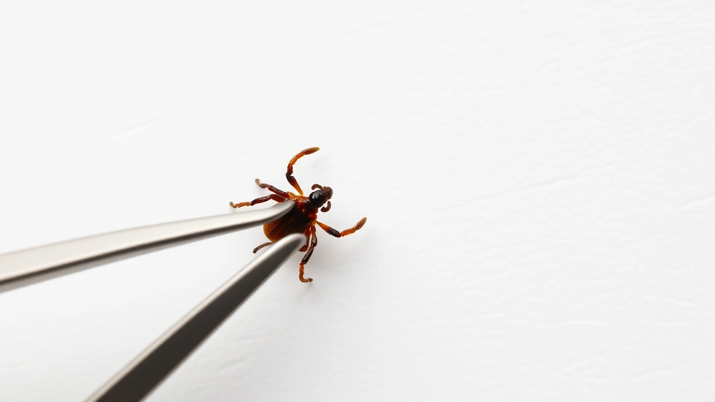 Overhead view of veterinary tweezers grasping a small tick near its mouthparts against a clean white surface, demonstrating proper grip technique for tick removal