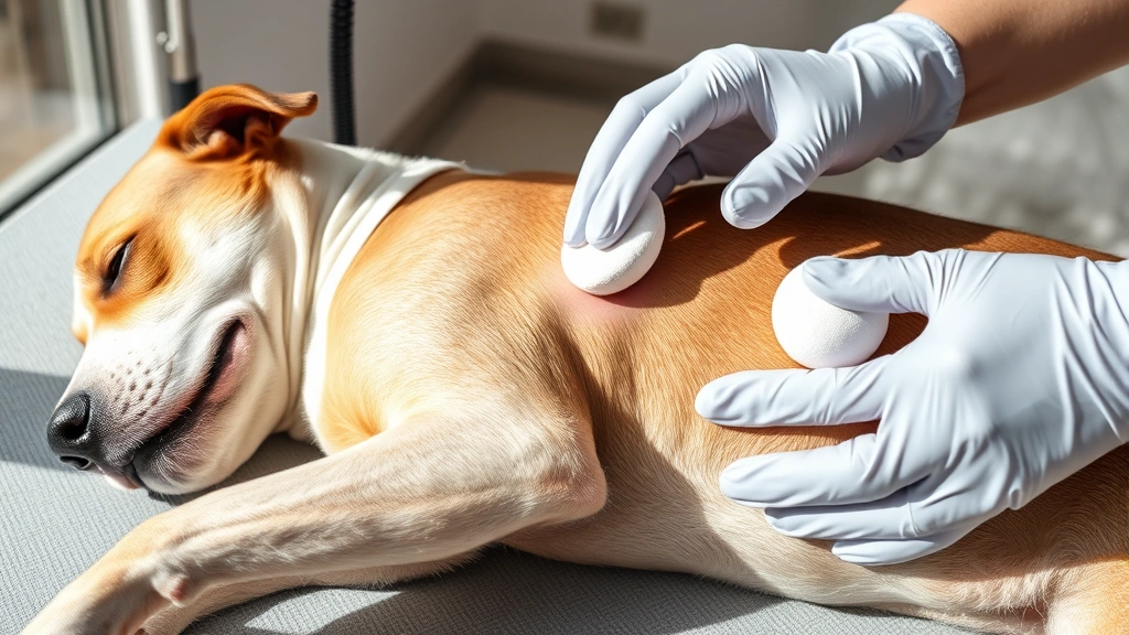 Dog lying calmly on a grooming table in natural sunlight while hands wearing latex gloves apply antiseptic solution with a cotton ball to a tick bite area on the dog's skin