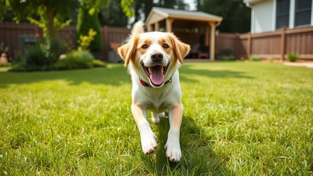 Wide shot of a healthy dog playing in a well-maintained yard with short grass and open spaces, showing tick prevention through environmental control