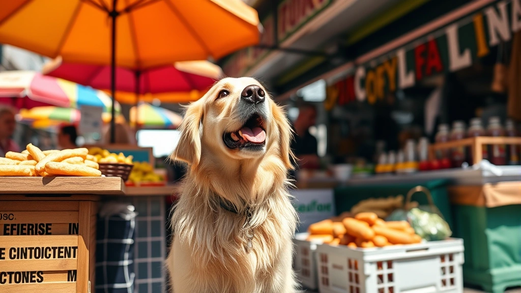 Cheerful golden retriever sitting at an outdoor food market stall with colorful umbrellas, looking up expectantly at vendor, sunny day, vibrant street food setting