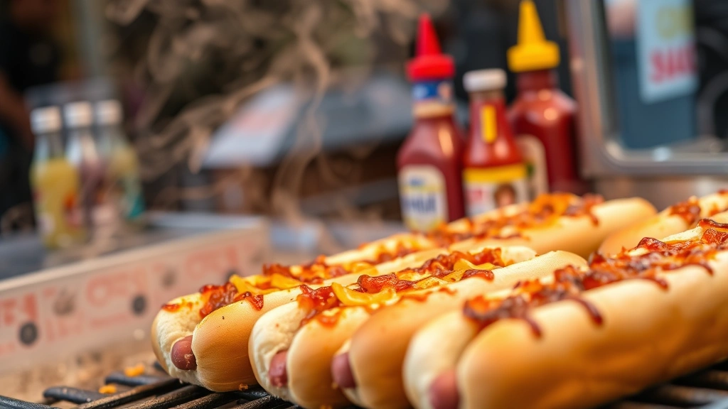 Close-up of sizzling hot dogs on a street vendor's grill with steam rising, colorful condiment bottles and toppings visible in background, authentic food cart atmosphere