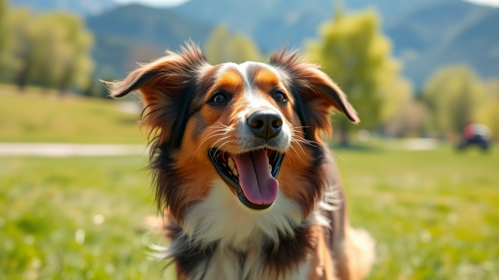 Happy mixed breed dog playing fetch in a sunny park with mountains in background, pure joy and energy, no people visible, beautiful natural lighting