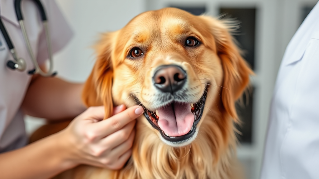 Happy golden retriever dog being examined by veterinarian hands checking soft lump under skin, no text no words no letters