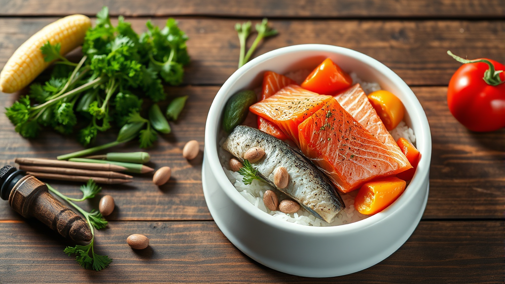 Fresh healthy dog food bowl with omega rich fish, vegetables, supplements on wooden surface, no text no words no letters