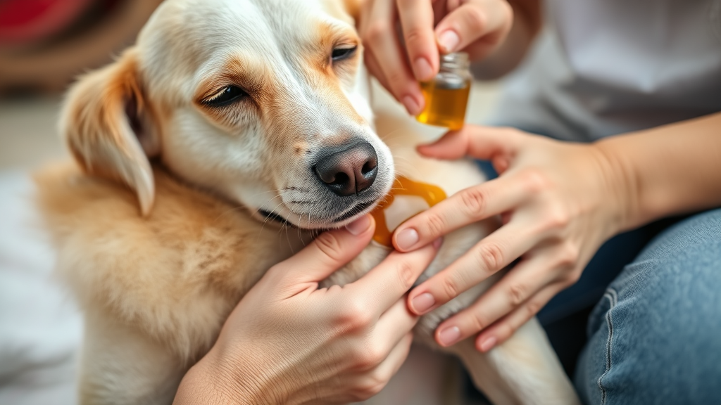 Dog owner gently massaging small lipoma on pet's skin with natural oil treatment, no text no words no letters