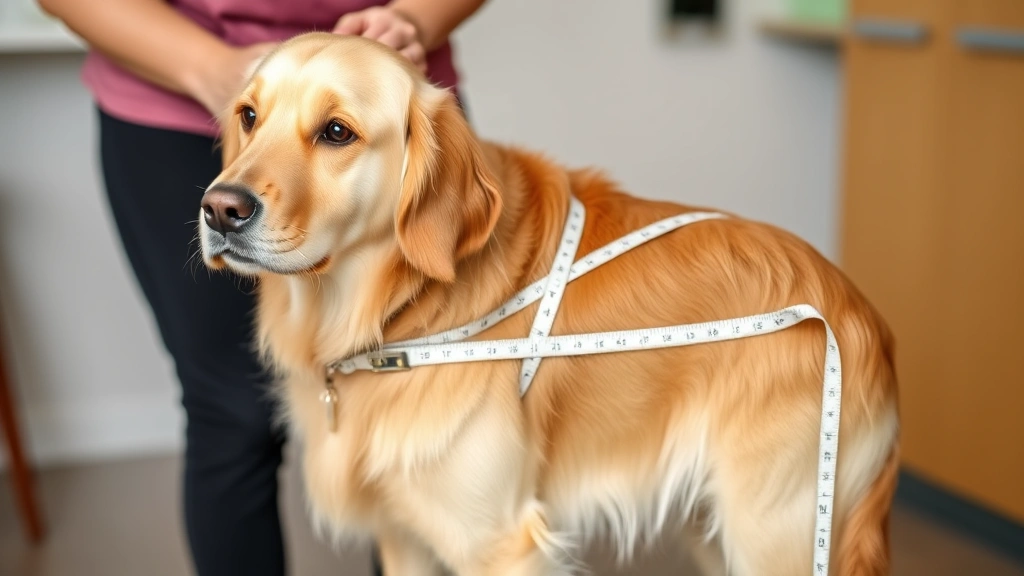 A golden retriever standing calmly while being measured around the chest with a soft measuring tape, showing proper measurement technique