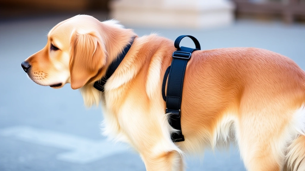 Golden Retriever standing calmly wearing a well-fitted black harness, viewed from the side, showing proper positioning on chest and back