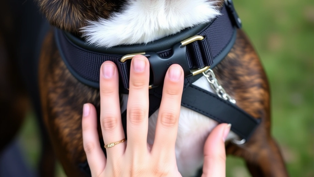 Close-up of a properly fitted harness on a dog's torso, demonstrating the two-finger test with fingers tucked under the chest strap