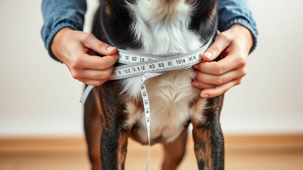 Close-up of hands measuring a dog's chest girth with a soft measuring tape, dog standing still, clear measurement technique demonstration