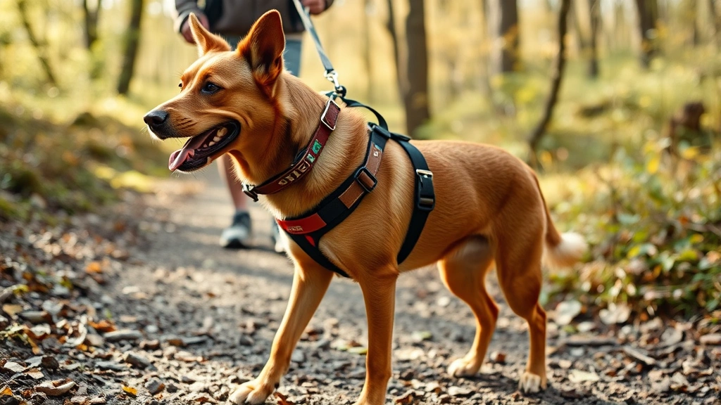 A happy dog wearing a well-fitted harness during a woodland walk, showing natural comfortable movement and posture