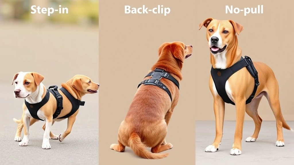 Three different dog harness types displayed on dogs of varying sizes - small dog in step-in harness, medium dog in back-clip harness, large dog in no-pull harness