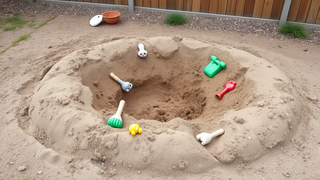 Designated sandbox digging area in backyard with buried toys, no text no words no letters
