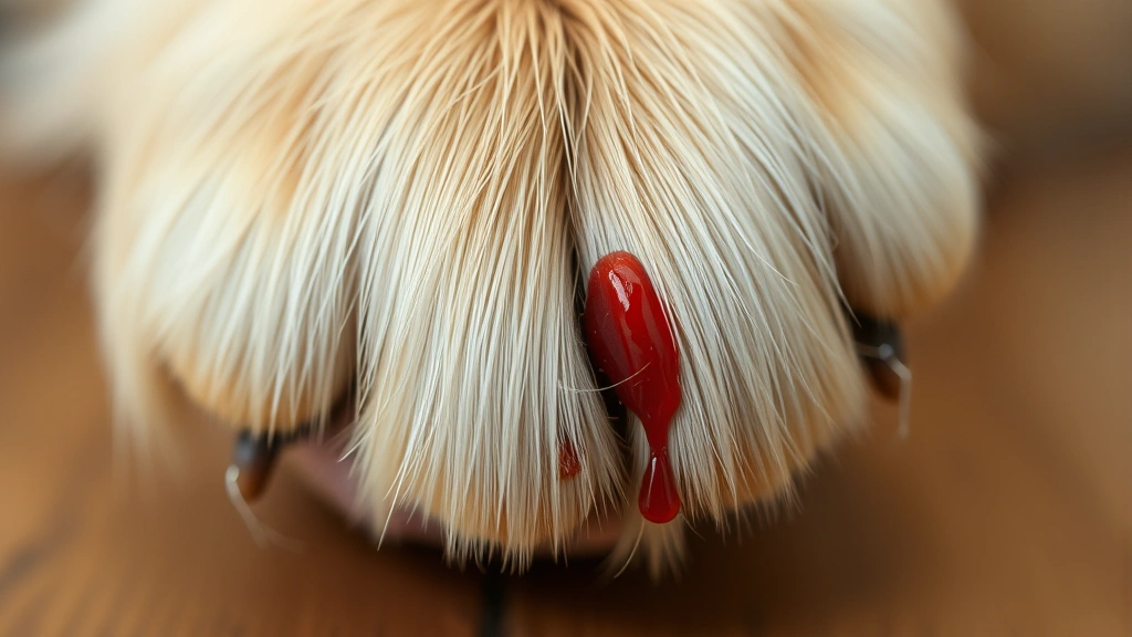 Close-up of a golden retriever's paw with a slightly trimmed nail showing a small drop of blood, gentle and realistic photography style