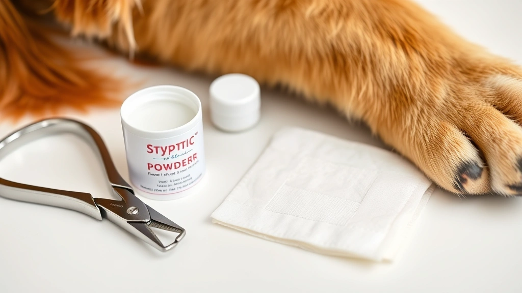 Dog nail clippers, styptic powder container, and gauze pads arranged neatly on a clean white surface next to a dog's paw