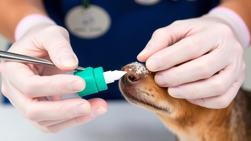 Veterinarian's hands applying styptic powder to a dog's bleeding nail with a cotton applicator, professional and clear demonstration