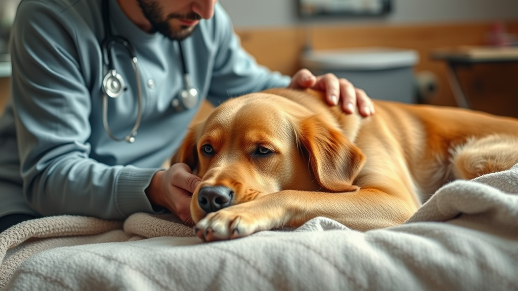 Concerned dog owner comforting sick golden retriever lying on soft blanket, veterinary care setting, warm lighting, no text no words no letters