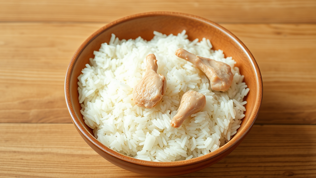 Bowl of plain white rice and boiled chicken pieces on wooden surface, no text, no words, no letters