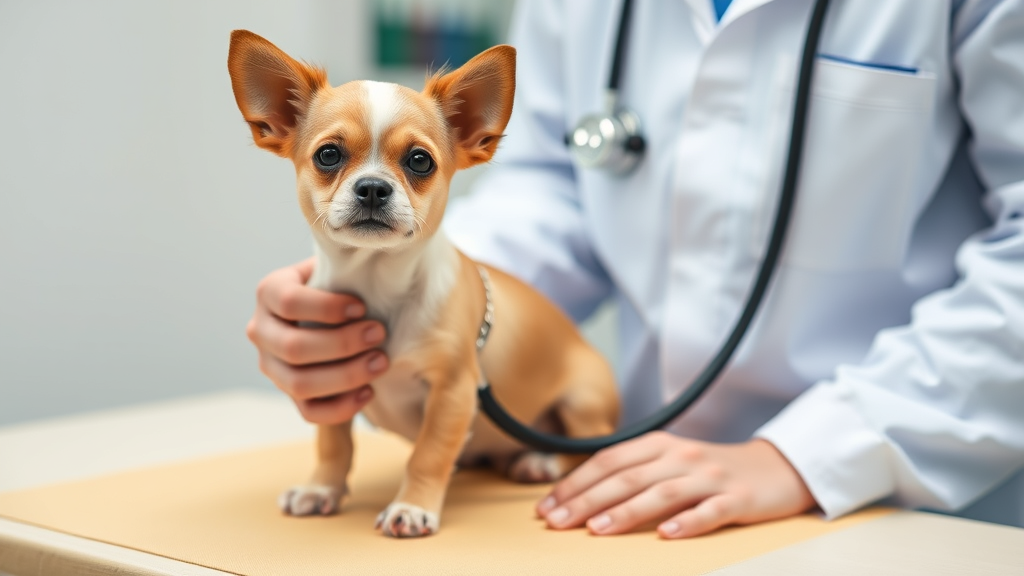Veterinarian examining small dog on examination table with stethoscope, no text, no words, no letters