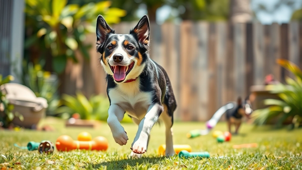 Playful black and white dog running through a sunny backyard with toys scattered around, showing happy, engaged expression
