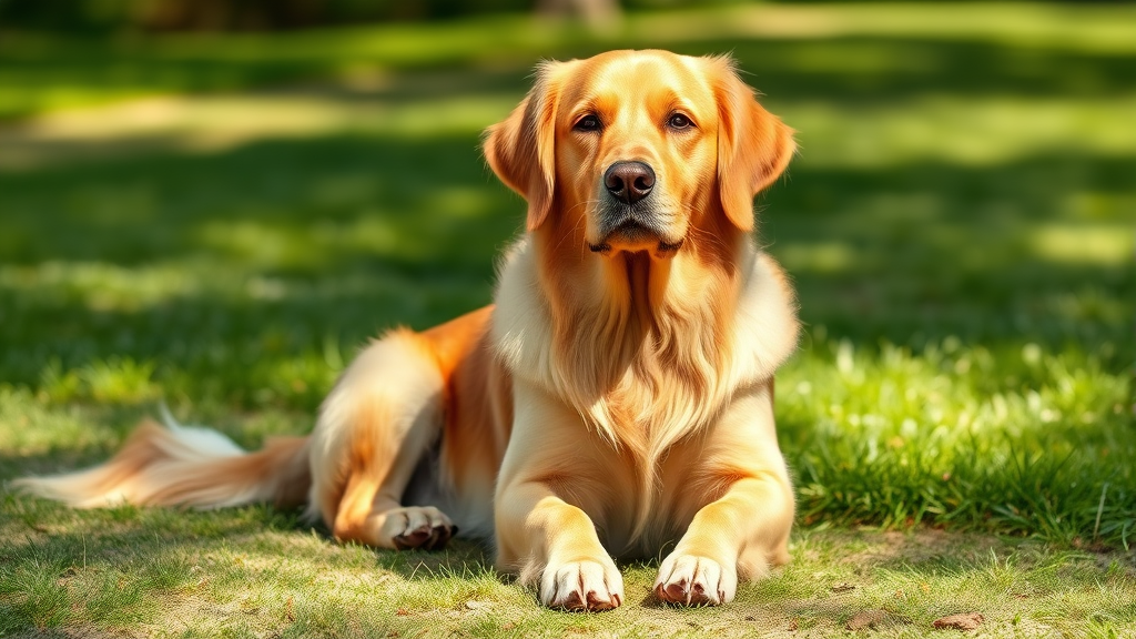 Golden retriever sitting peacefully with healthy clean paws in sunlight no text no words no letters