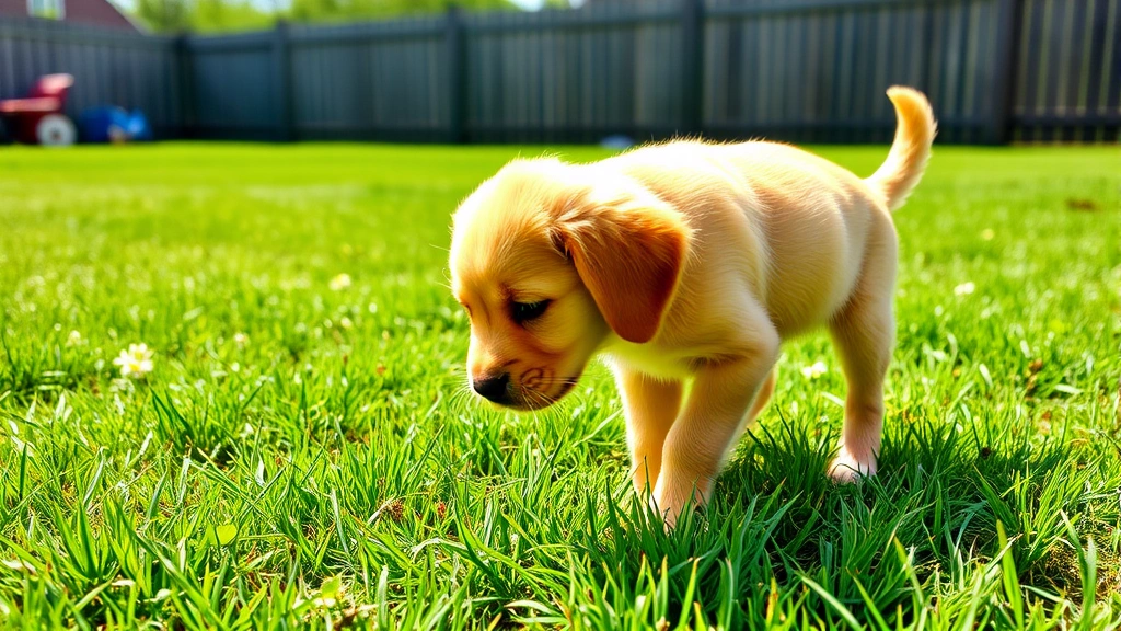 Golden retriever puppy looking curious and sniffing grass in a sunny backyard with green lawn and fence