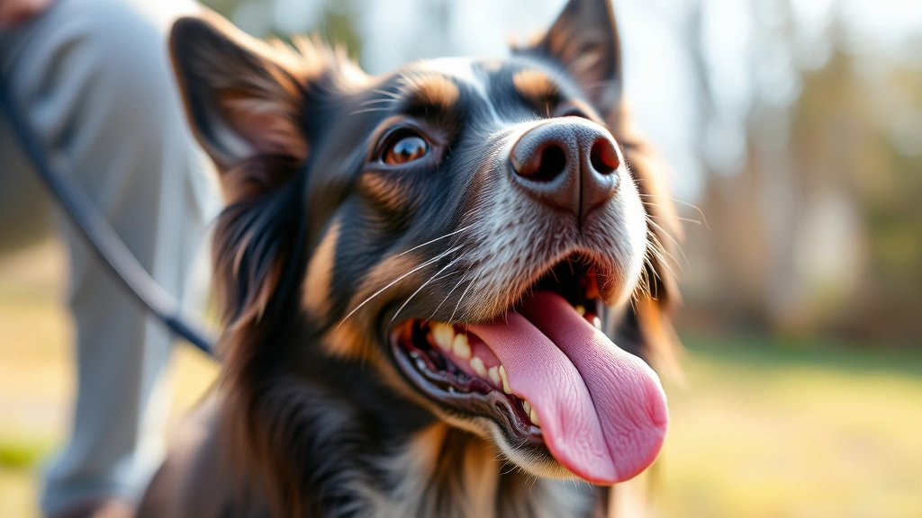Close-up of dog's face showing alert expression with tongue out, sitting attentively during training session outdoors
