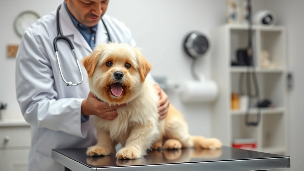 Veterinarian in white coat examining fluffy dog on examination table with stethoscope in modern veterinary clinic