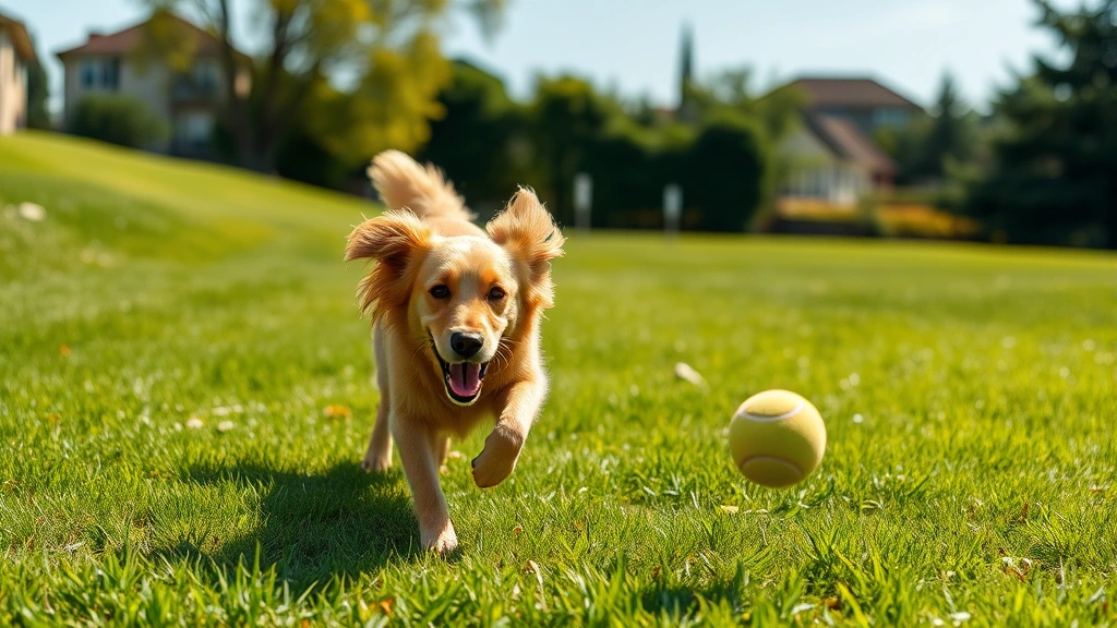 Golden Retriever running enthusiastically across green grass toward a tennis ball, mid-motion with ears flying, sunny outdoor setting