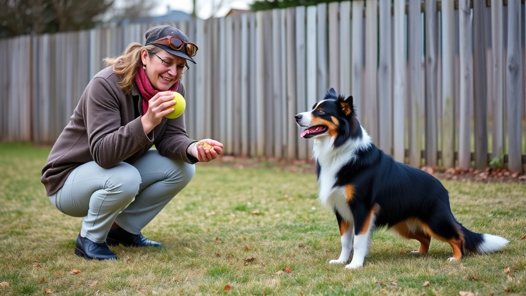 Dog owner crouching down in a fenced yard, holding a tennis ball and treats, preparing to play fetch with an attentive Border Collie