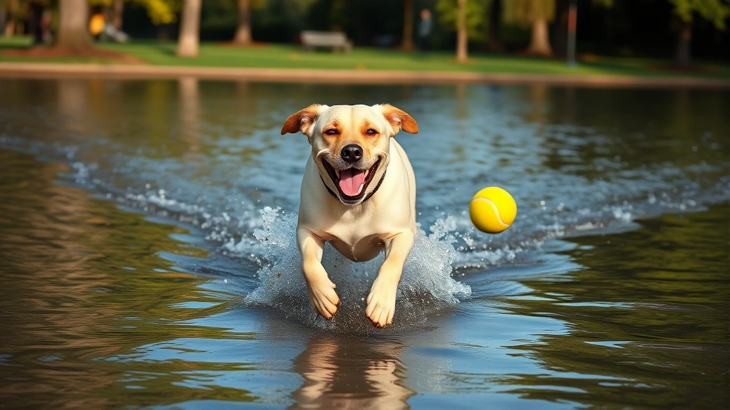 Excited Labrador Retriever bounding through shallow water in a park, retrieving a yellow tennis ball with joyful expression