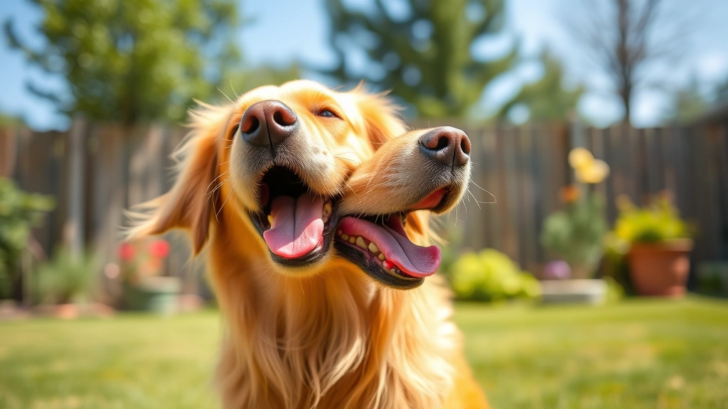 Golden Retriever with open mouth barking happily in a sunny backyard, mid-vocalization with joyful expression